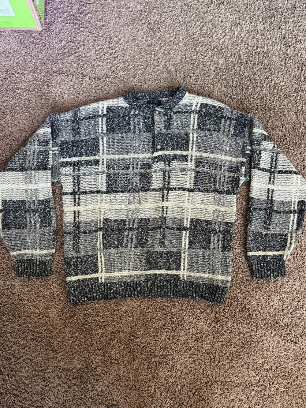Vintage 90s Old Glory Black and Cream Plaid Crewneck Sweater - Made in USA
